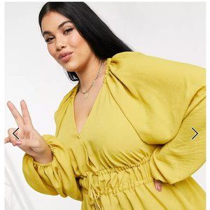 ASOS DESIGN Curve satin batwing sleeve top with tie front in mustard